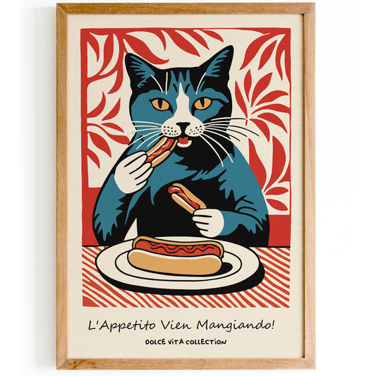 Funny Cat Eating Hot Dog Italian Art Print