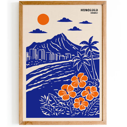 Honolulu. Hawaii Blue Travel Poster Print