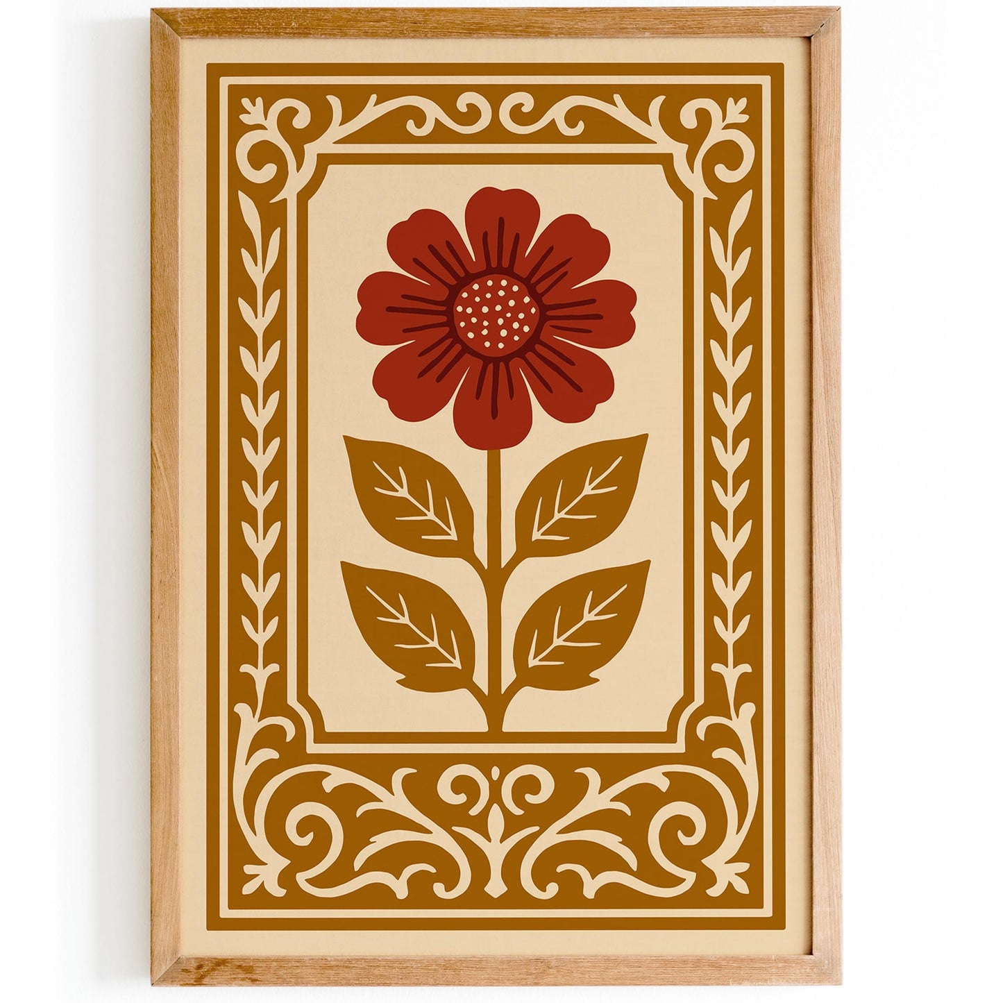 Mustard Yellow and Red Rococo Flower Poster