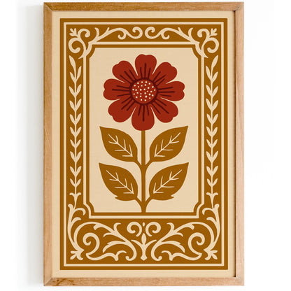 Mustard Yellow and Red Rococo Flower Poster