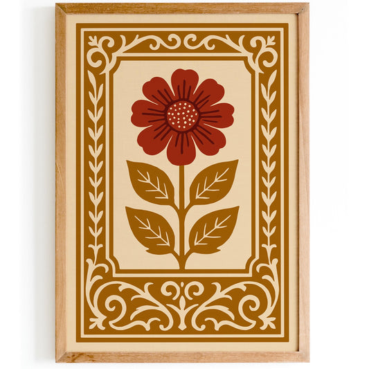 Mustard Yellow and Red Rococo Flower Poster
