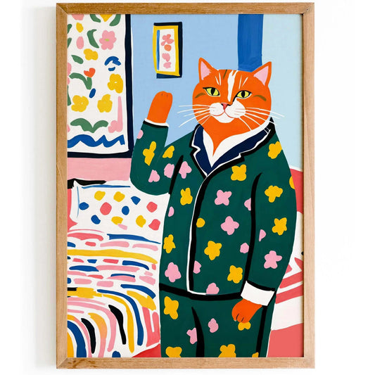 Floral Pajama Cat Wall Art Print