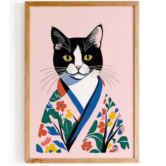Tuxedo Cat in Floral Kimono Art Print
