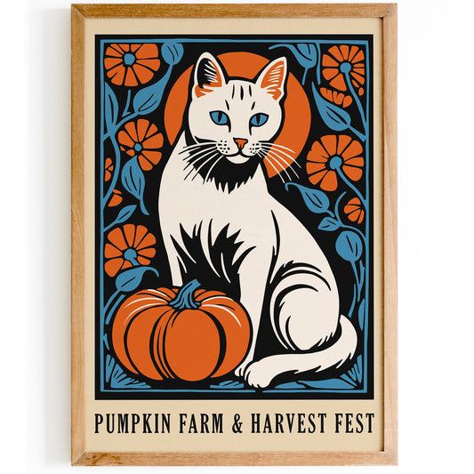 White Cat and Pumpkin Harvest Festival Poster
