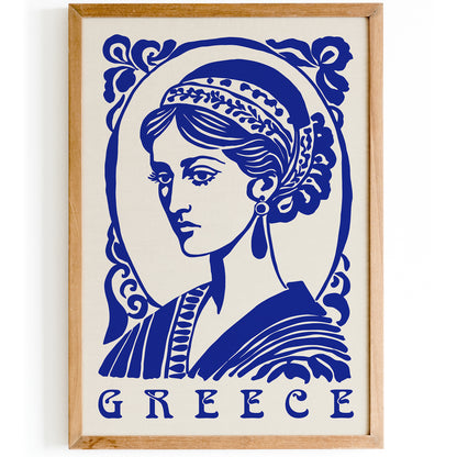 Blue Greece Woman Portrait Print