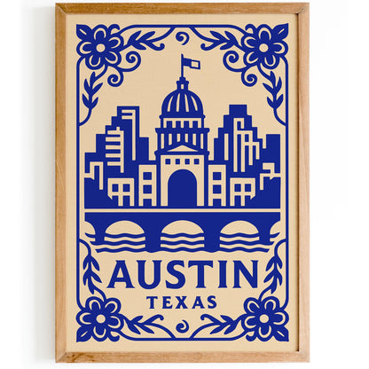 Austin Texas Poster - Blue Cityscape Travel Wall Art