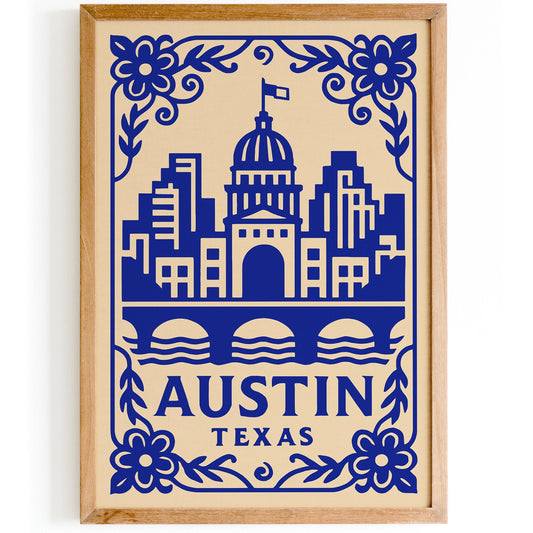 Austin Texas Poster - Blue Cityscape Travel Wall Art