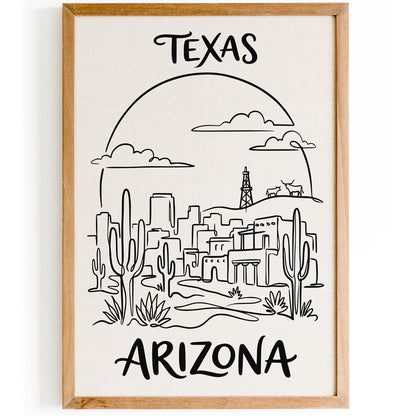 Texas Arizona Line Art BW Poster