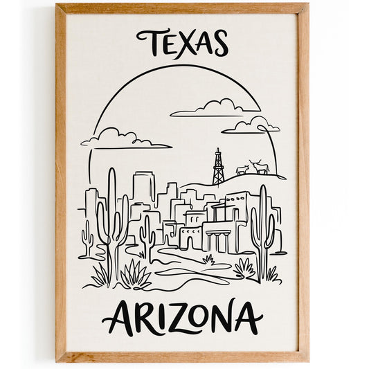 Texas Arizona Line Art BW Poster