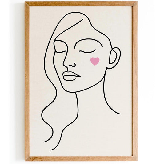 Line Art Cute Woman Portrait with Pink Heart on Cheek