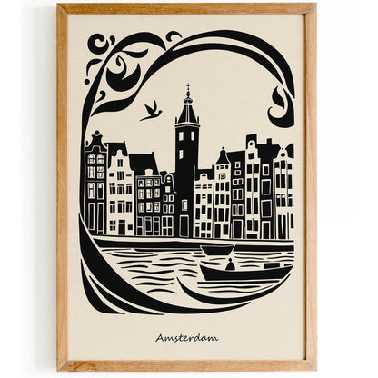 Amsterdam Travel Poster - Black & White Art Print