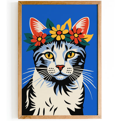 Cat with Flower Crown Blue Art Print
