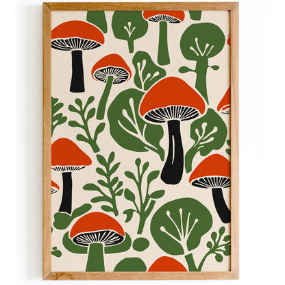 Green Red Mushroom Forest Art Print