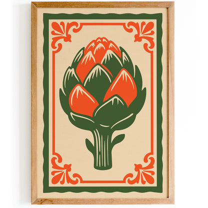 Artichoke Poster - Green Orange Vintage Kitchen Art