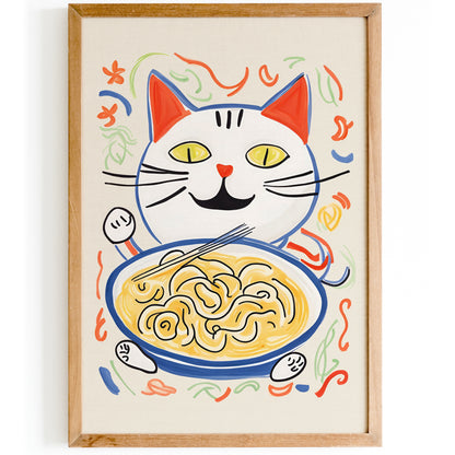 Cute Cat Eating Noodles Art Poster