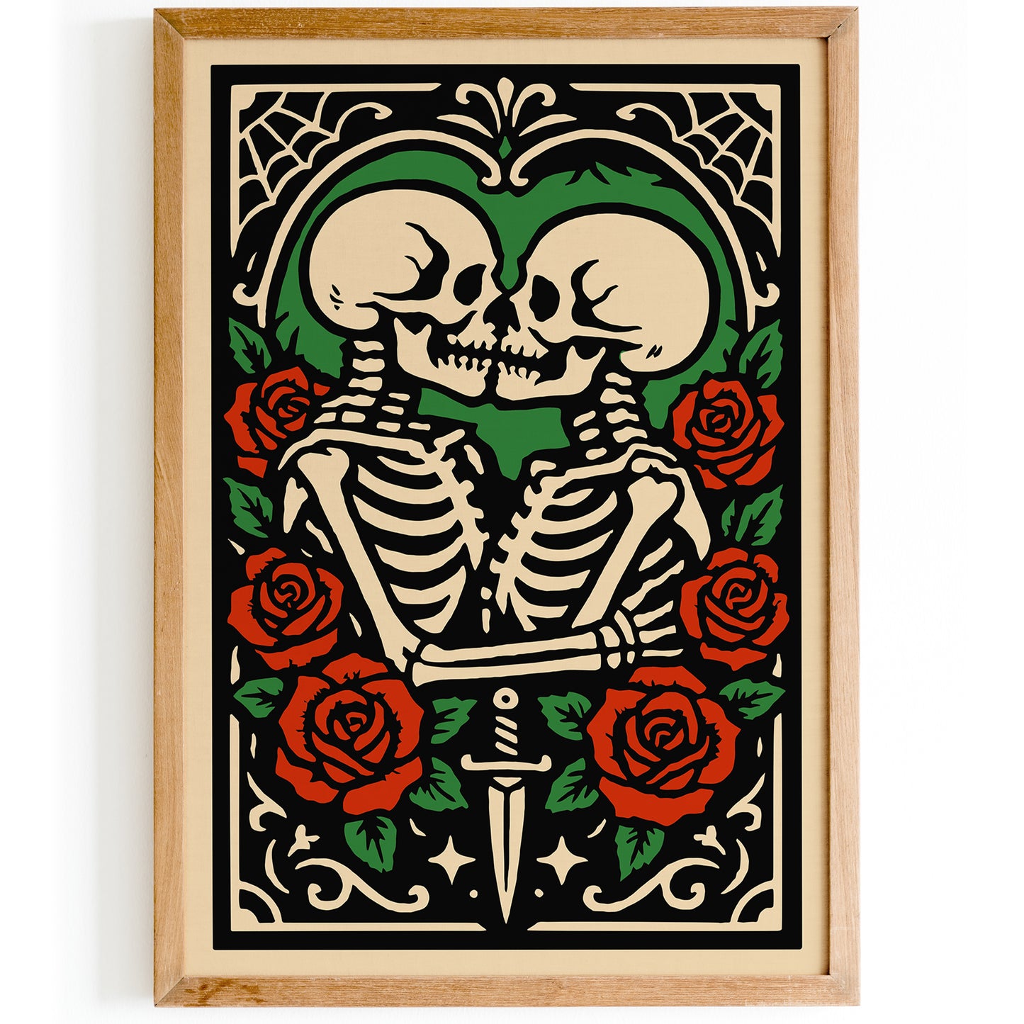 Rockabilly Skeletons Couple Poster - Halloween Romantic Kiss Art Print