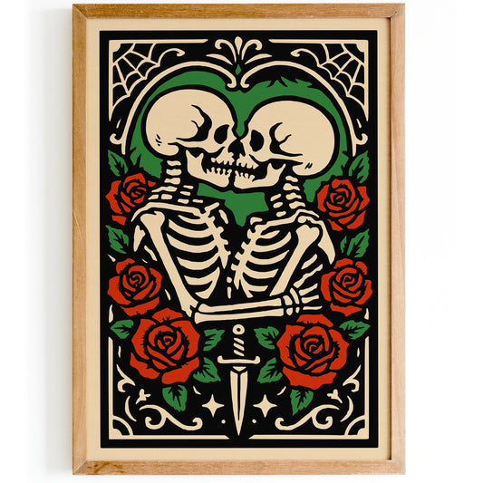 Rockabilly Skeletons Couple Poster - Halloween Romantic Kiss Art Print