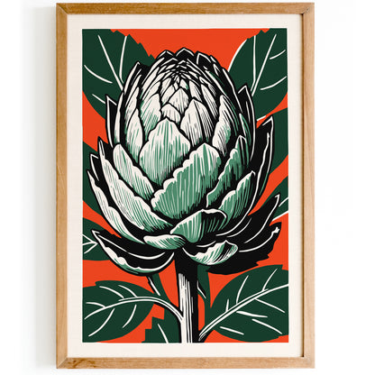 Retro Red Green Artichoke Linocut Print