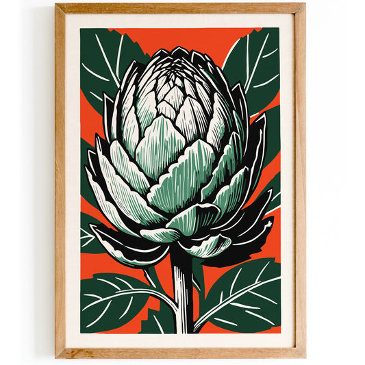 Retro Red Green Artichoke Linocut Print