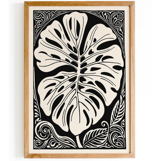 Black and White Rococo Monstera Leaf Poster