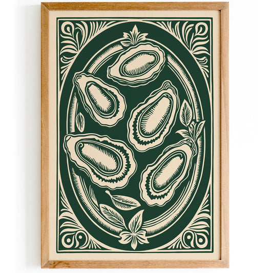 Vintage Oysters Linocut Art Print – Rustic Coastal Kitchen Decor