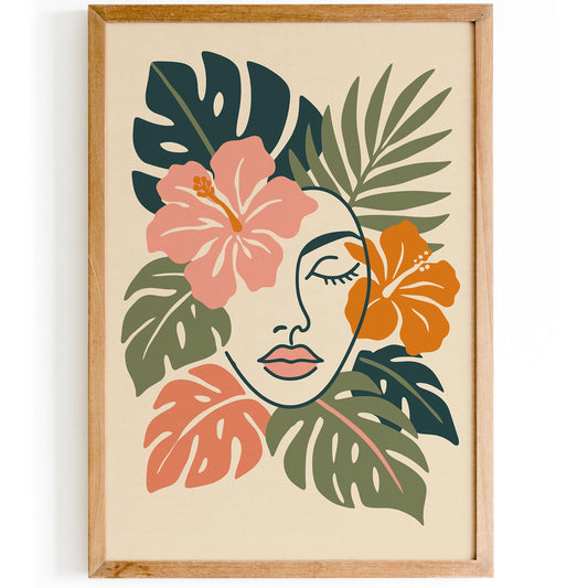 Line Art Woman Face in Tropical Leaves Poster