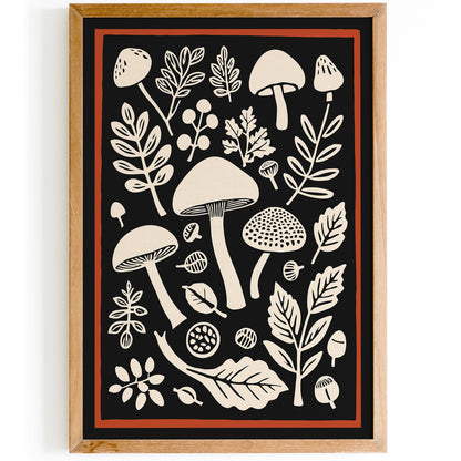 Vintage Forest Mushrooms Black Wall Art