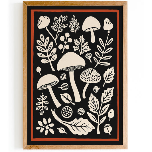Vintage Forest Mushrooms Black Wall Art