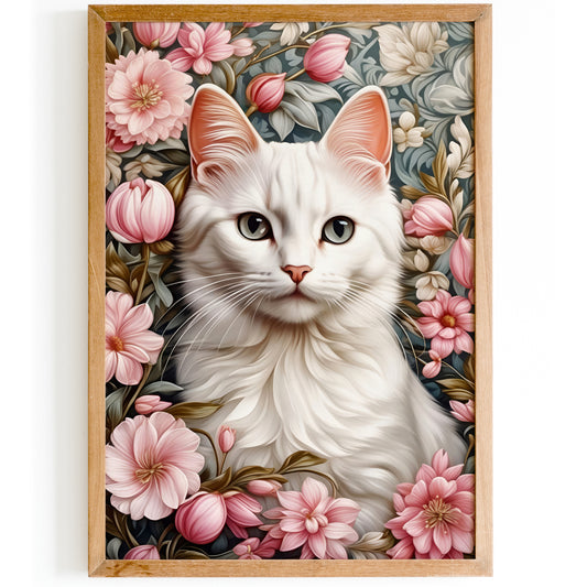 Elegant White Cat in Flowers Poster