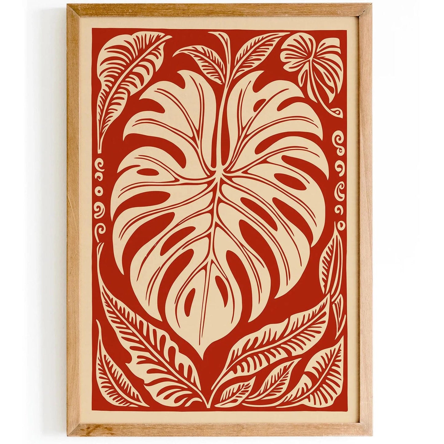 Red Monstera Leaf Poster, Linocut Style Wall Art