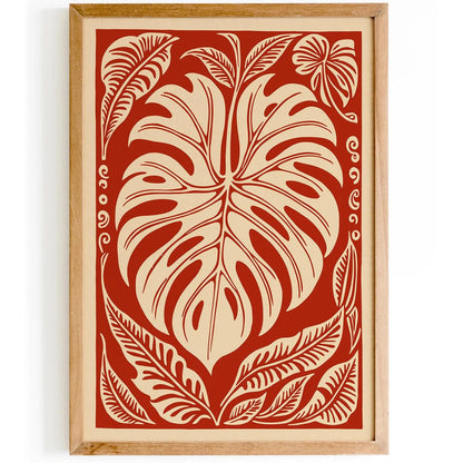 Red Monstera Leaf Poster, Linocut Style Wall Art
