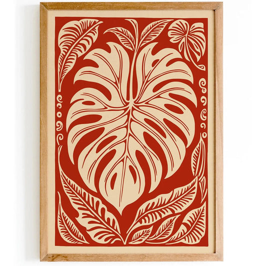 Red Monstera Leaf Poster, Linocut Style Wall Art