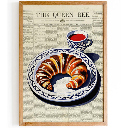 Vintage Croissant Newspaper Kitchen Poster