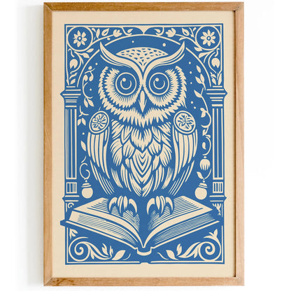 Baby Blue Victorian Owl Print, Owl with Book Wall Art