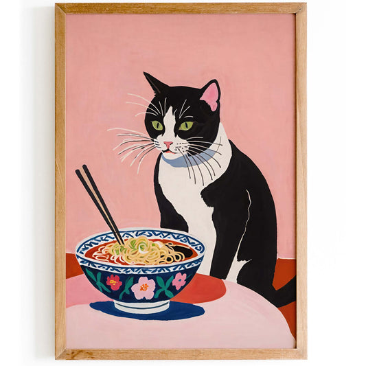Pink Ramen Print With Black And White Cat