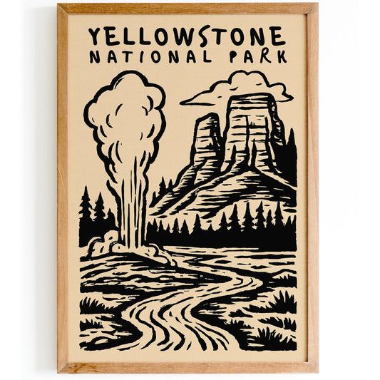 Yellowstone National Park Poster - Black Ink Wall Art