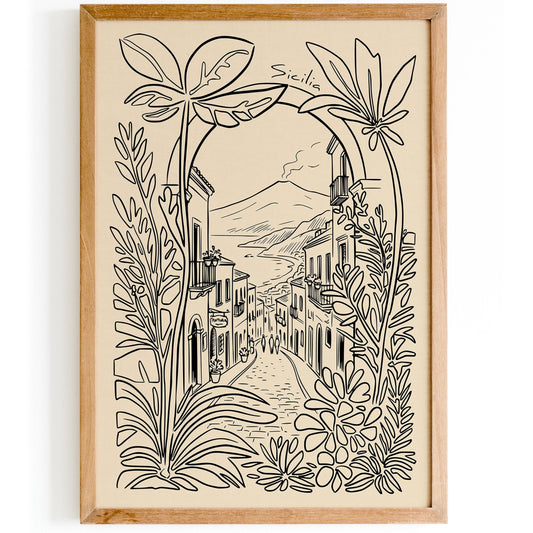 Taormina Sicily Line Art Travel Poster