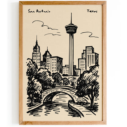 San Antonio Texas Black Ink Travel Poster