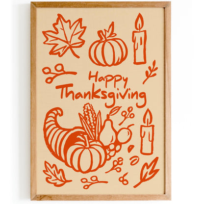 Happy Thanksgiving Wall Art Print – Orange Fall Holiday Decor