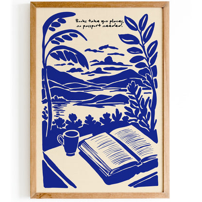 Books Take You Places Poster - Blue Reading Wall Art