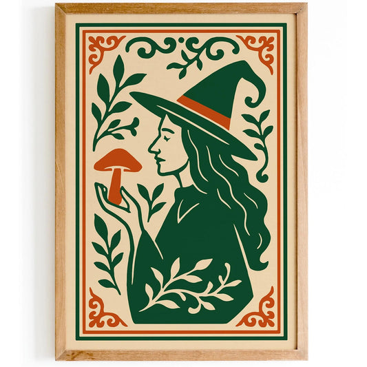Green & Orange Witch Mushroom Halloween Print