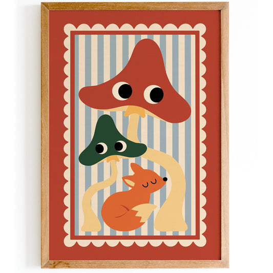 Cute Fox & Mushroom Poster – Whimsical Woodland Wall Art