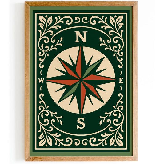 Compass Rose Wall Art Print, Green Wall Art Poster