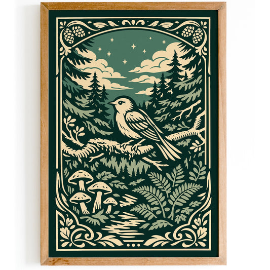 Night Forest Bird Art Poster