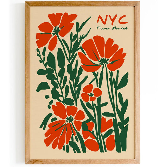 NYC Flower Market Wall Art – Red & Green Floral Poster Print