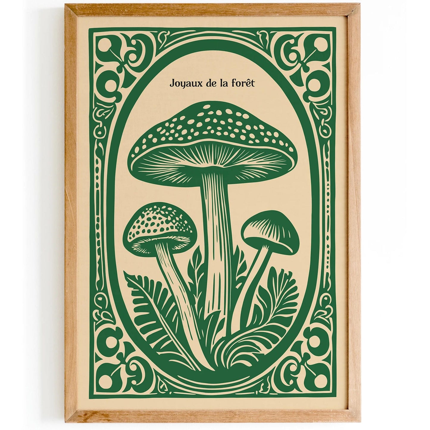 Forest Gems Green Linocut Mushroom Poster