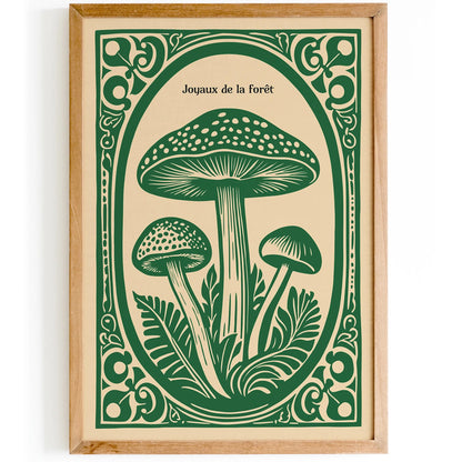 Forest Gems Green Linocut Mushroom Poster