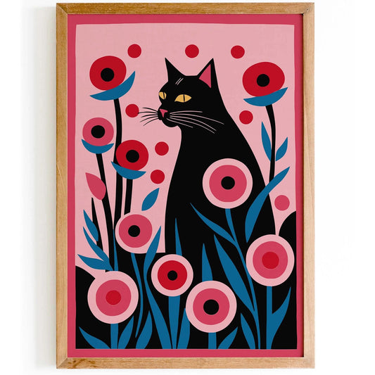 Black Cat in Floral Wonderland Art Print