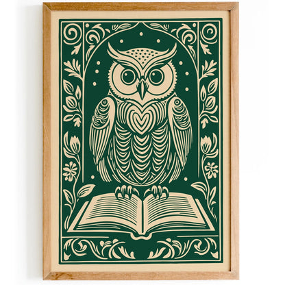 Retro Owl Poster – Green Book Lovers Club Wall Art