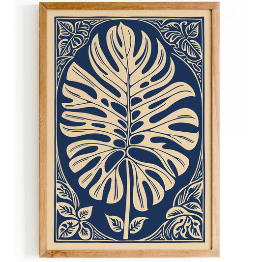 Navy Blue Monstera Leaf Poster